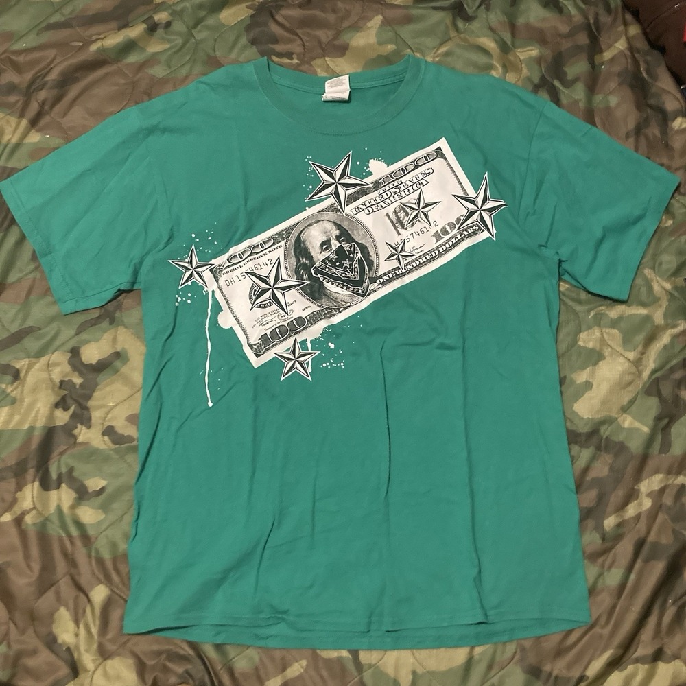 Green‎ Y2K Style Dollar Bill Tee 100% Cotton Men's L/21.